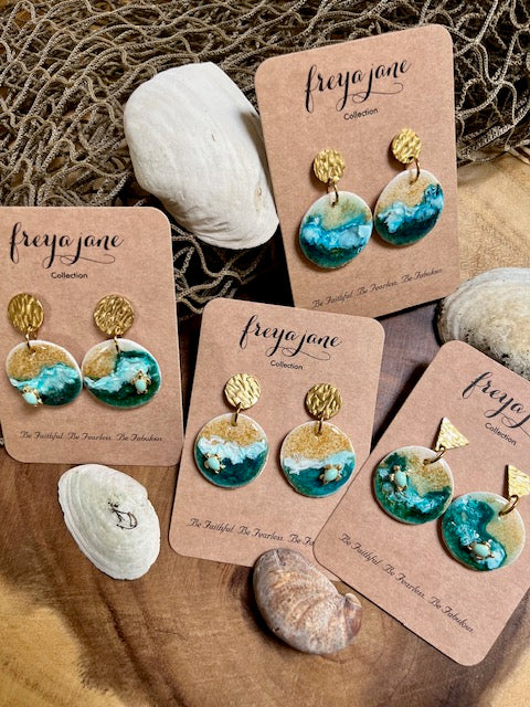 Ocean Waves Earrings with Turtle Charm