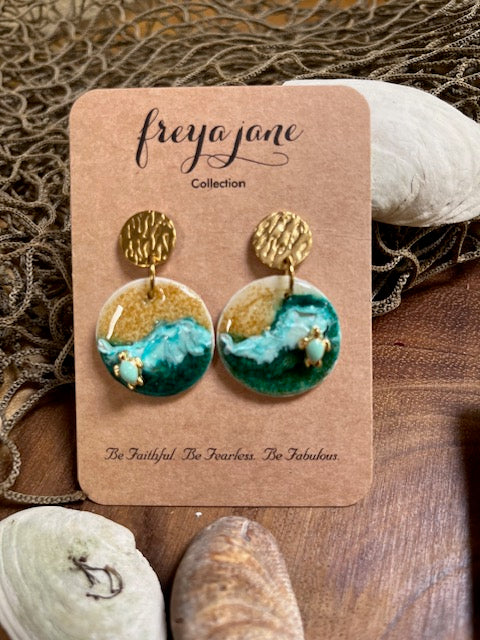 Ocean Waves Earrings with Turtle Charm