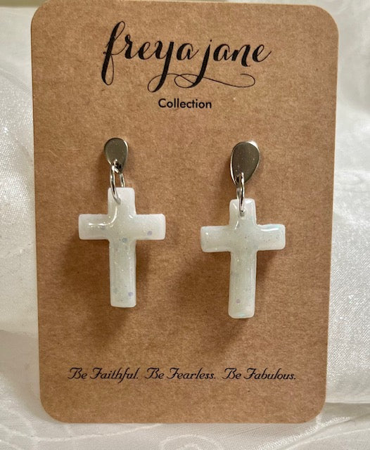 Pearlescent Cross Dangle Earrings