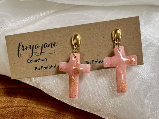 Pink Pearlescent Cross Earrings