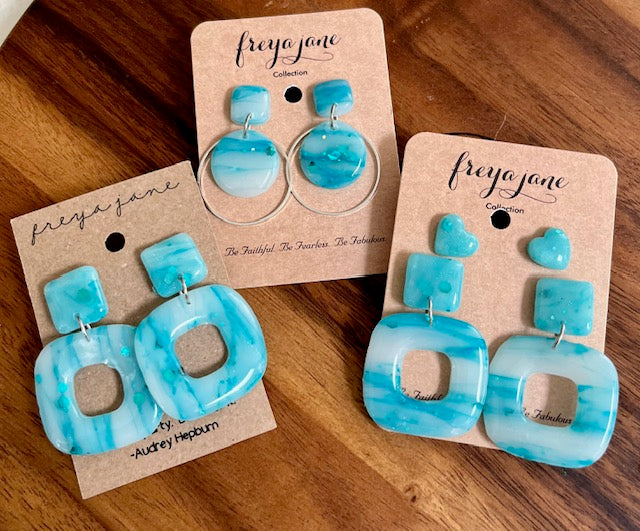 Blue Jasmine Square Hoops with Studs