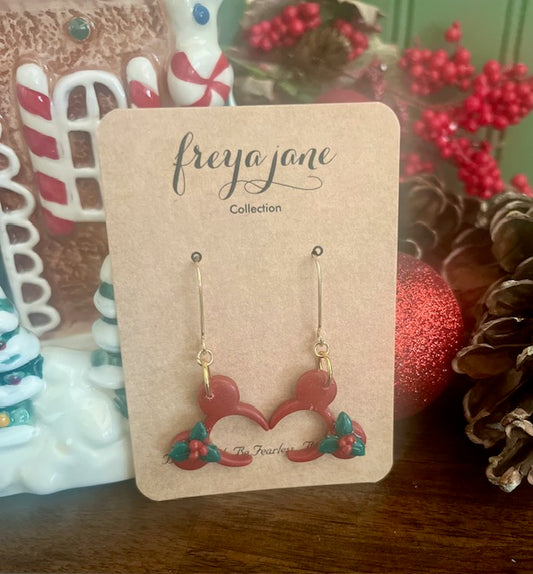 Red Mouse Ears Dangles with Holly