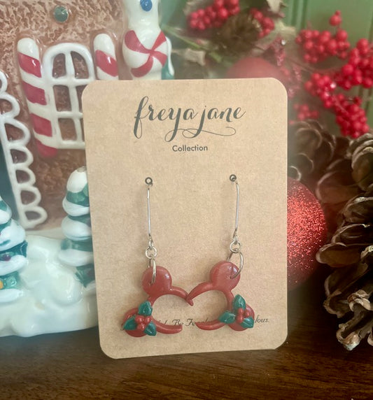 Red Mouse Ears with Holly Dangles