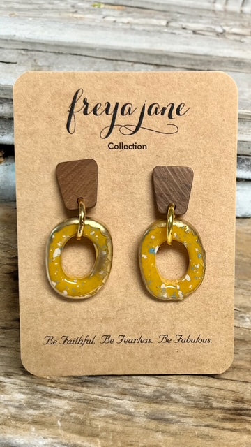 Yellow Terrazzo Hoop Drops with Wooden Studs