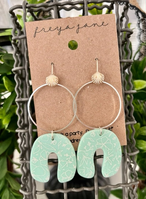 Mint Floral Shell Hoops